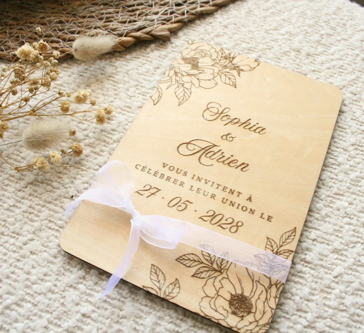 Faire-part mariage en bois personnalisé - Invitation personnalisé